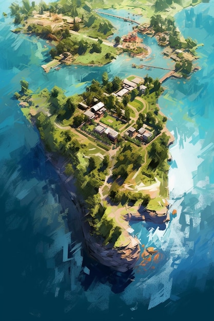 Painting of a small island with a small house on it generative ai