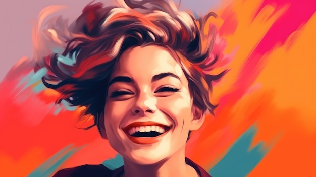 A painting of a smiling woman with a colorful background.