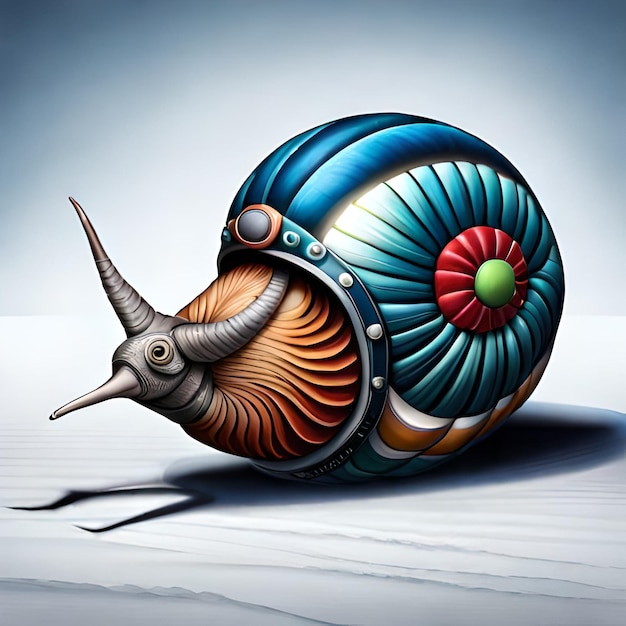 A painting of a snail with a horn on the face.