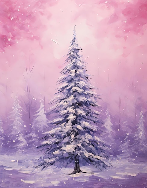 a painting of a snow covered christmas tree with snow on it