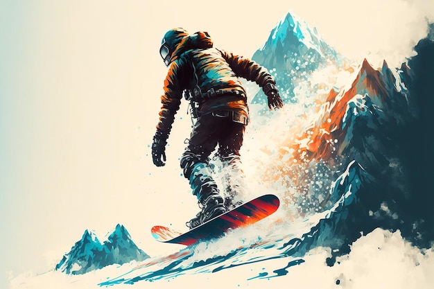 A painting of a snowboarder on a mountain.