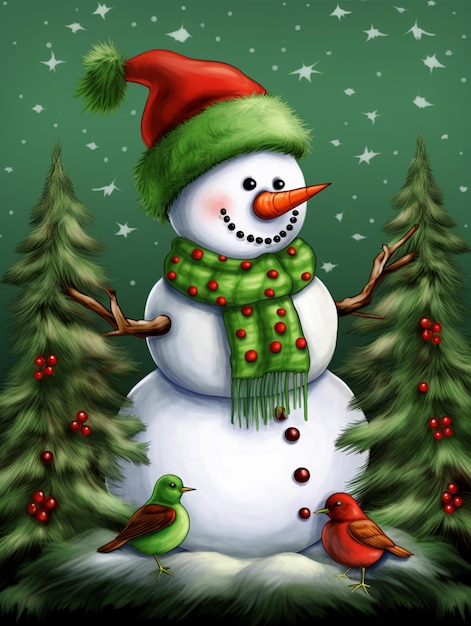 painting of a snowman with a green hat and scarf and birds generative ai