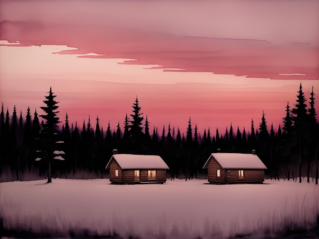 A painting of a snowy field with a pink sky and a few small wooden houses.