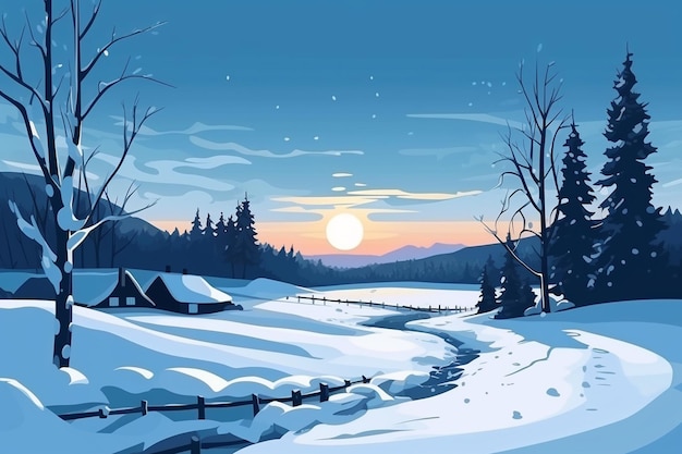 A painting of a snowy landscape with a snowy landscape and a sunset in the background.