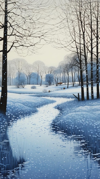 Painting of a snowy landscape with a stream running through it generative ai