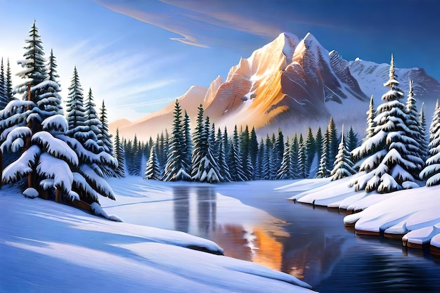 A painting of a snowy mountain landscape with a river and mountains in the background.