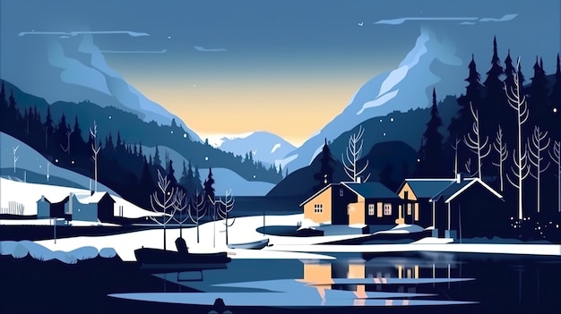 A painting of a snowy mountain scene with a lake AI generative image Norway winterscape