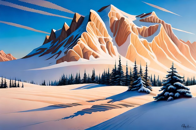 A painting of a snowy mountain with a mountain in the background.