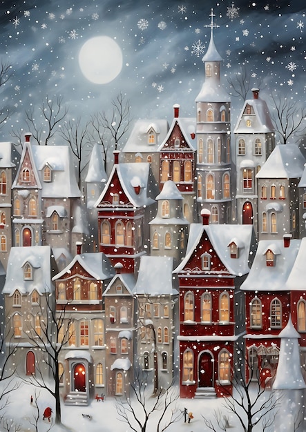 Photo painting of a snowy night scene with a town and a person walking