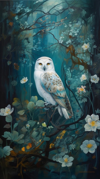 A painting of a snowy owl sits on a branch surrounded by flowers.