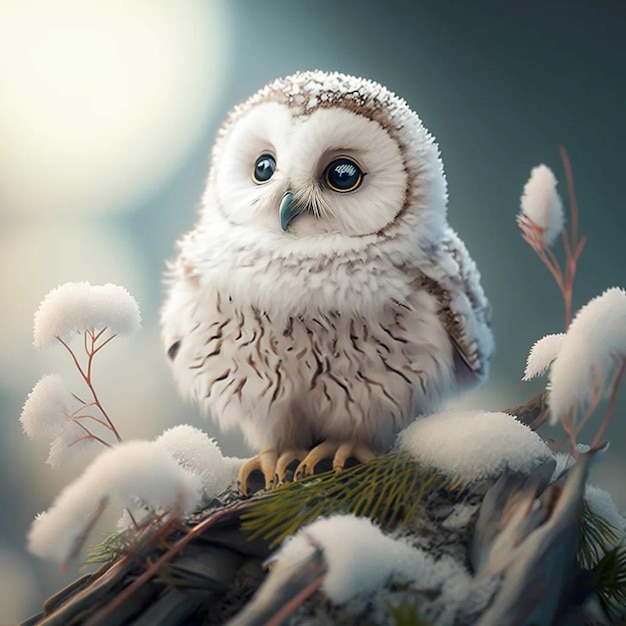 A painting of a snowy owl with blue eyes and yellow eyes.