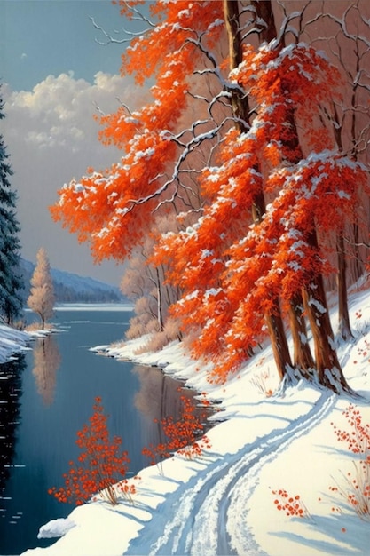 Painting of a snowy river surrounded by trees generative ai