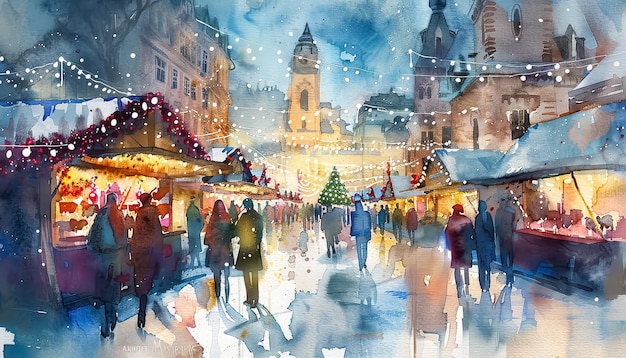 A painting of a snowy street with people walking around