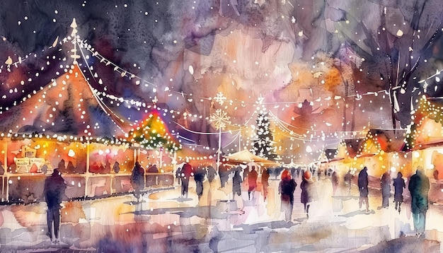 Photo a painting of a snowy town square with people walking around