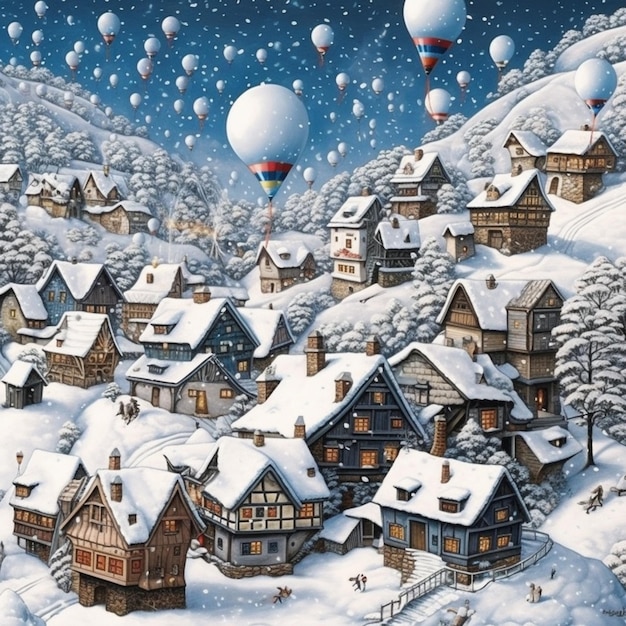 A painting of a snowy village with a snow covered village and balloons.