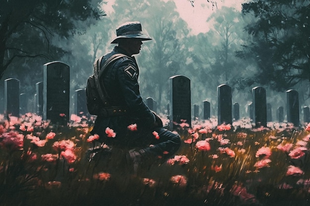 A painting of a soldier standing in a cemetery Memorial day