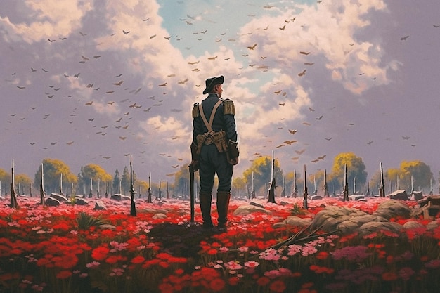 A painting of a soldier standing in a cemetery Memorial day