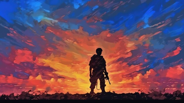 A painting of a soldier standing in front of a sunset.