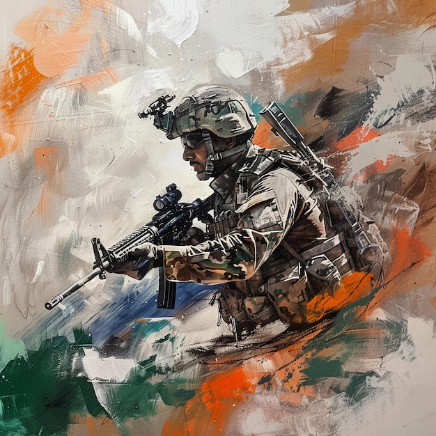 a painting of a soldier with a flag and the word army on it