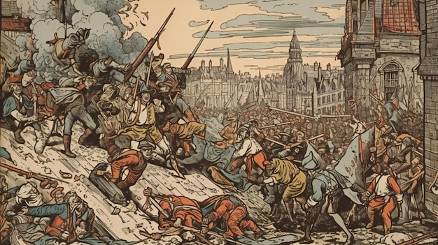 A painting of soldiers fighting in a city