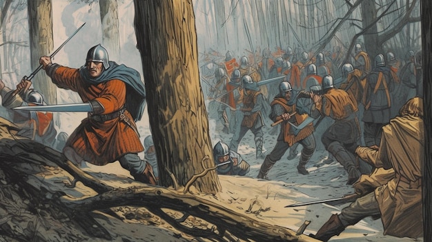 A painting of soldiers in a forest with the words " battle " on the left.