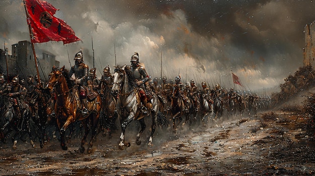 a painting of soldiers on horseback with a red flag in the background