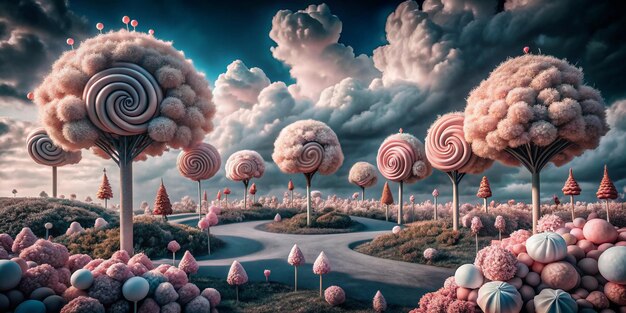 Photo a painting of some lollipops in the sky with clouds and trees