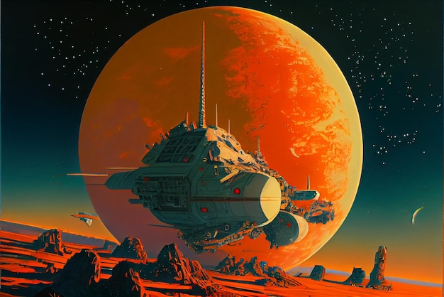 Painting of a space ship in front of a red planet generative ai