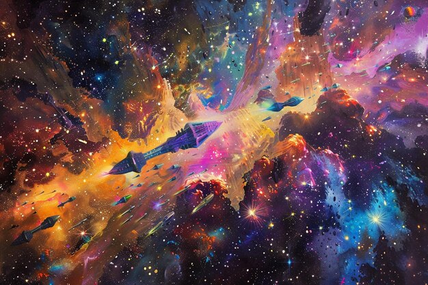 a painting of a space ship and the universe is painted with a space ship