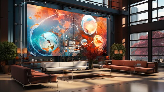 a painting of a space themed room with a couch and couches