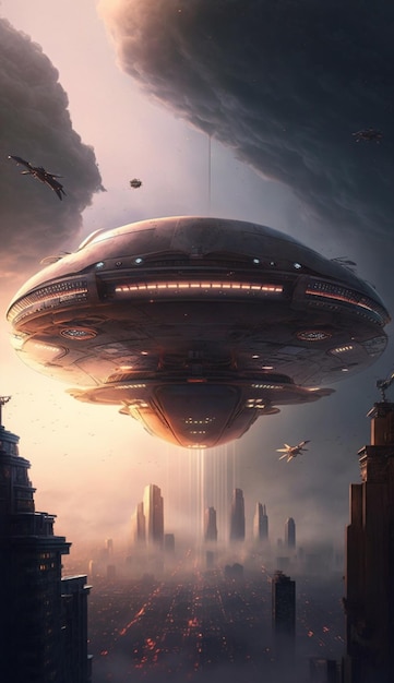 A painting of a spaceship in a city with a cloudy sky in the background.