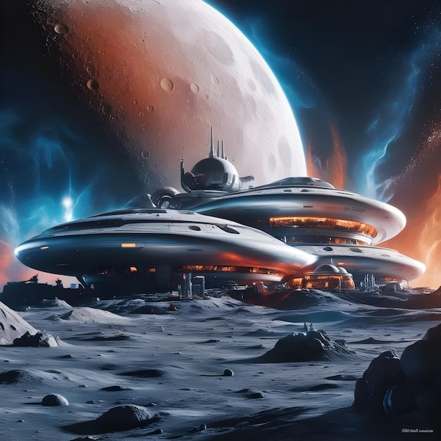 a painting of a spaceship and a planet with a planet in the background