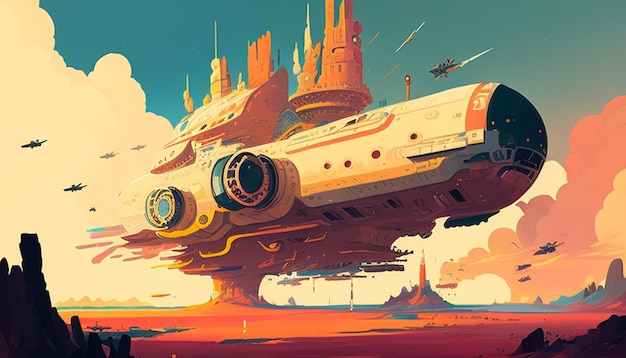 a painting of a spaceship with a castle on the top