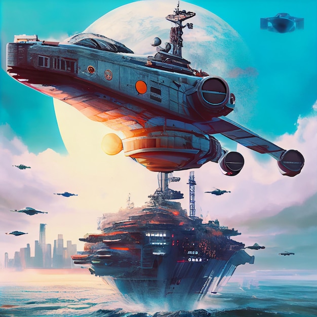 A painting of a spaceship with a city in the background.