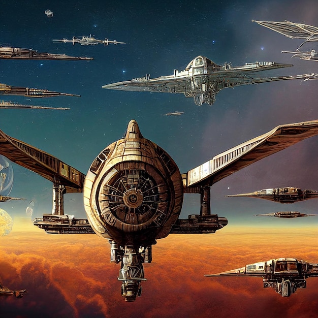 A painting of a spaceship with a number of ships in the background.