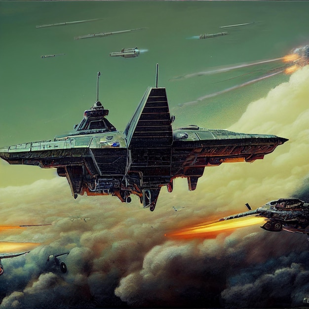 A painting of a spaceship with a plane in the sky and a few planes on the bottom.