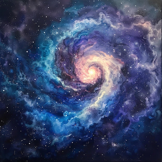 painting of a spiral galaxy with stars and a blue and purple swirl generative ai