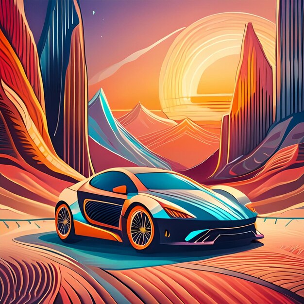 a painting of a sports car with mountains in the background