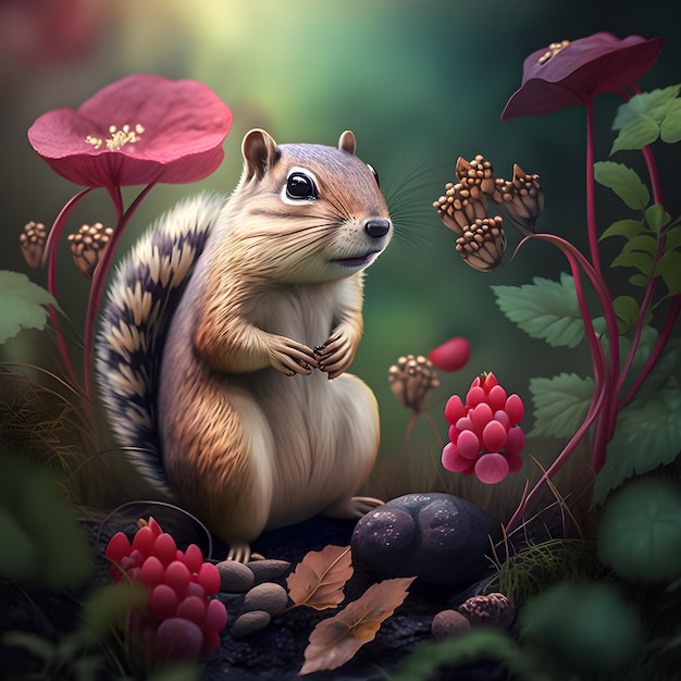 A painting of a squirrel with a red flower in the background.