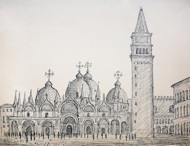 Painting of St. Mark's basilica in Venice Italy, painted by ink .