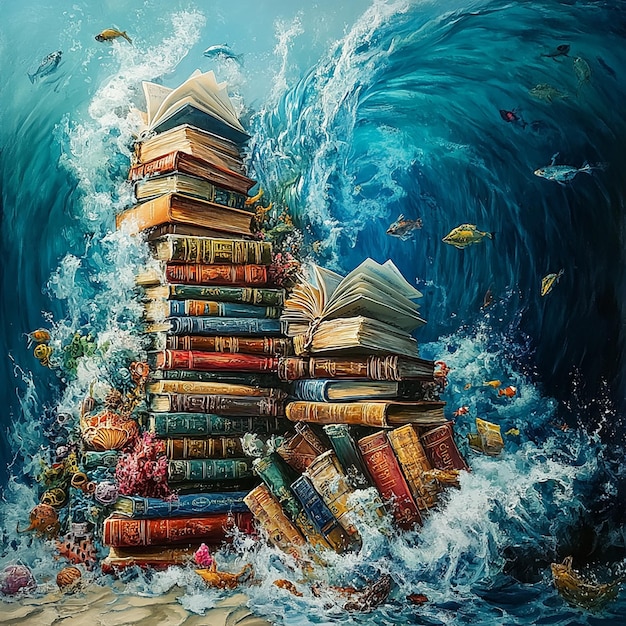 Photo a painting of a stack of books with the title quot sea life quot on the bottom