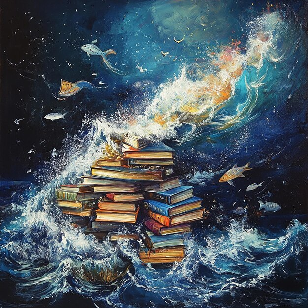 Photo a painting of a stack of books with the words books flying in the air