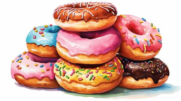 A painting of a stack of donuts with different flavors.