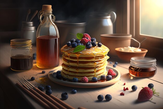 Painting of stack of pancakes with berries and syrup Generative AI