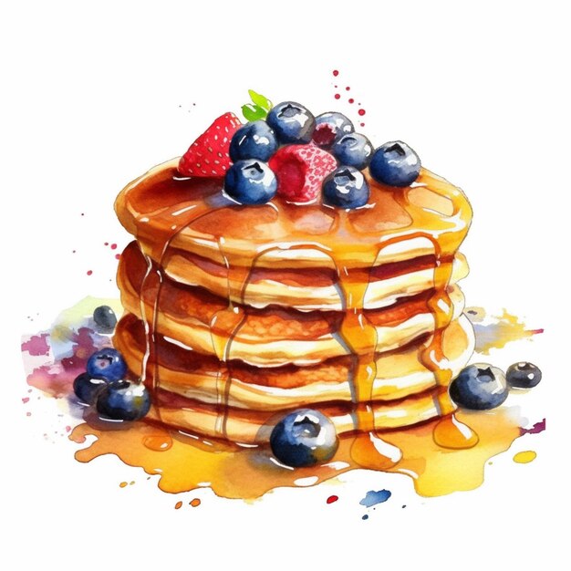 A painting of a stack of pancakes with syrup and berries generative ai