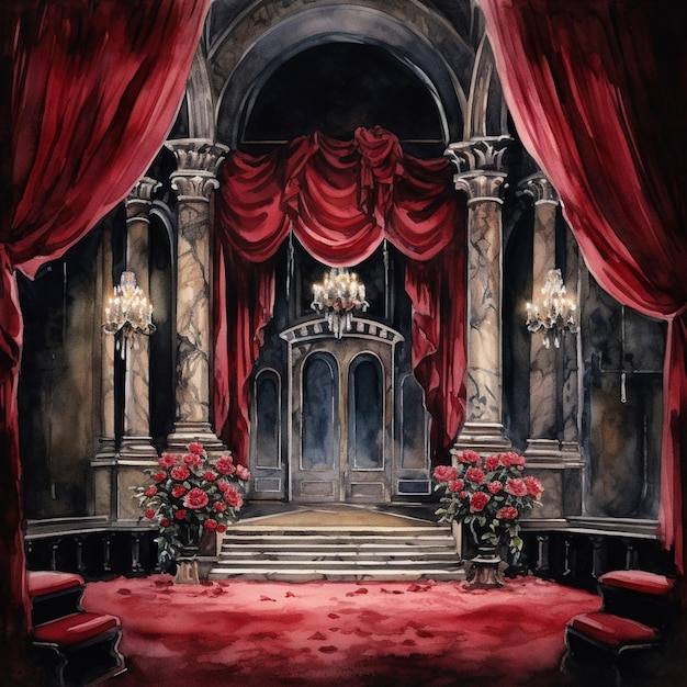 Painting of a stage with red curtains and a red carpet generative ai