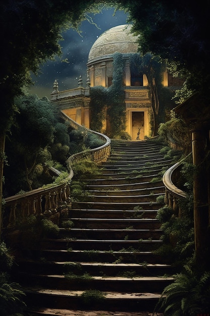 A painting of a staircase with a building in the background.