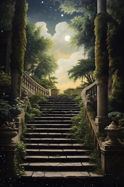 A painting of stairs with the moon in the background