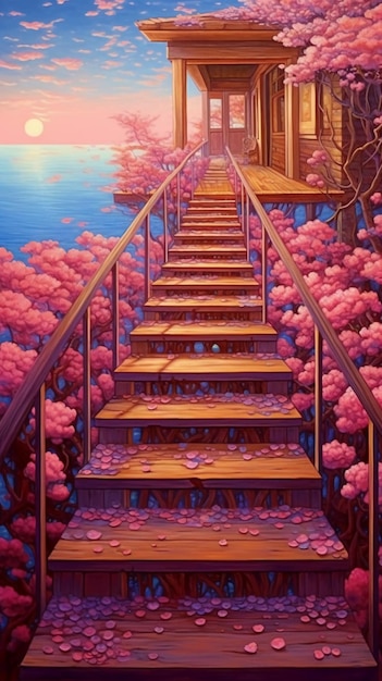 A painting of stairs with a pink flower on the bottom.