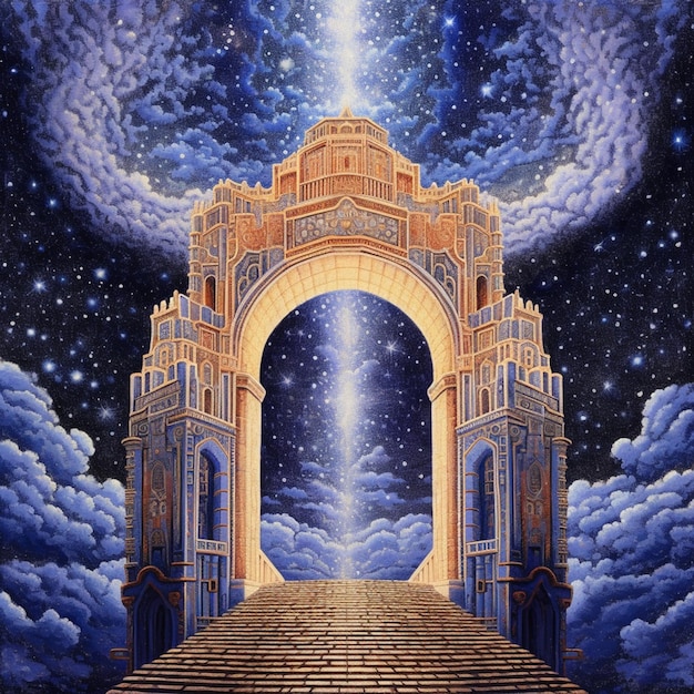 Painting of a stairway leading to a sky with a star in the sky generative ai